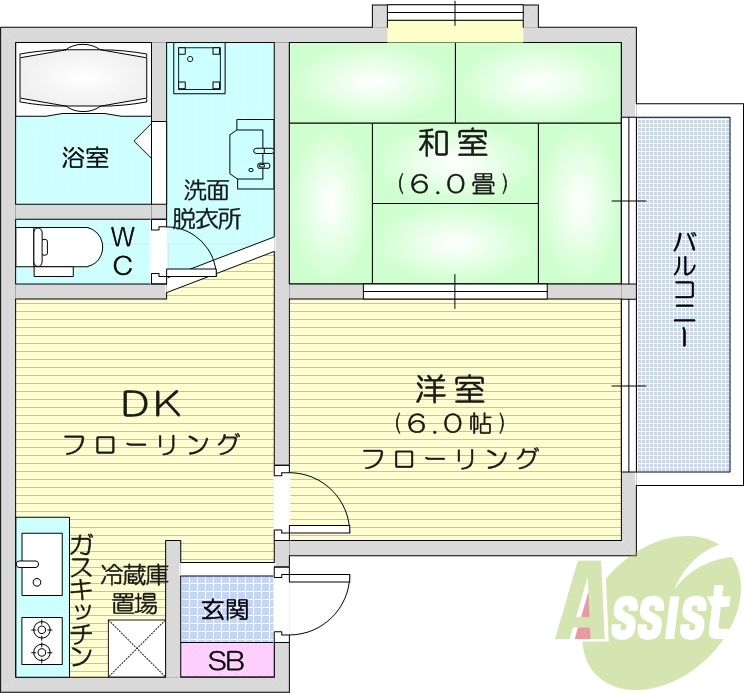 2DK、角部屋、独立洗面台、シャンプードレッサー