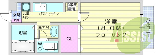 1K、エアコン、フローリング、バルコニー、クローゼット