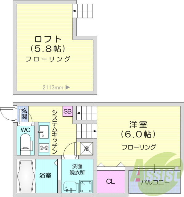 1K、エアコン、システムキッチン、ロフト、バルコニー