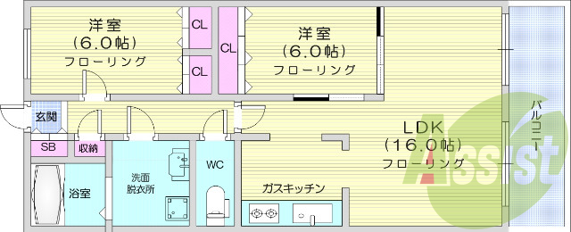 2LDK、都市ガス、バストイレ別、エアコン付き