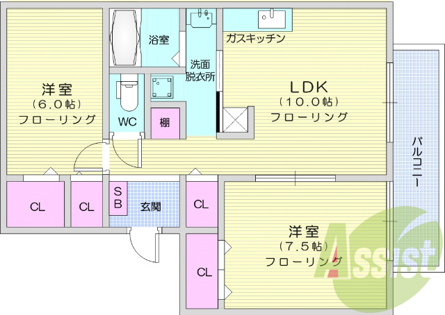 2LDK、フローリング、エアコン、バルコニー