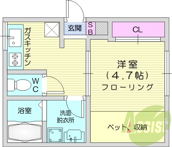 1K、エアコン、室内洗濯機置き場、トイレ浴室別、収納