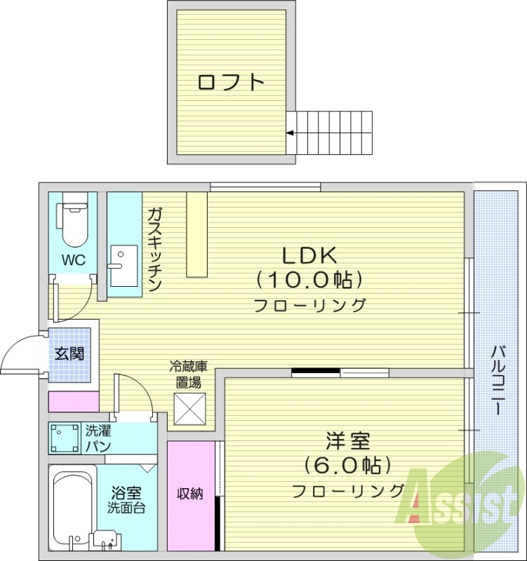 1K、ロフト付き、TV付インターホン、２口ガスコンロ
