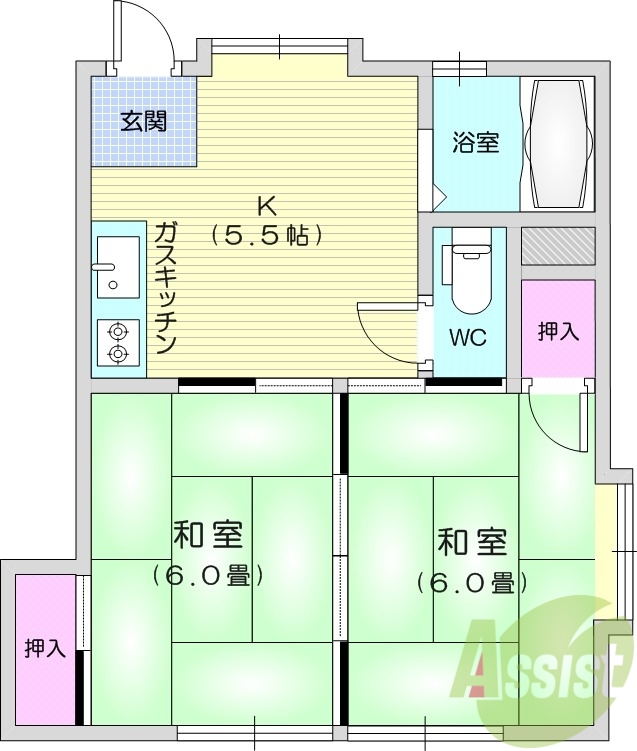 2DK、温水洗浄便座、エアコン、室内洗濯機置き場