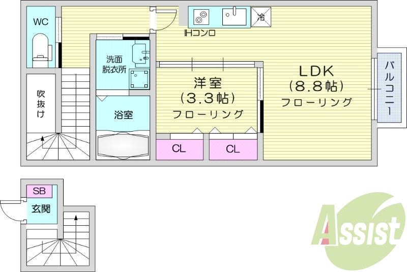1LDK、バストイレ別、エアコン、浴室乾燥機