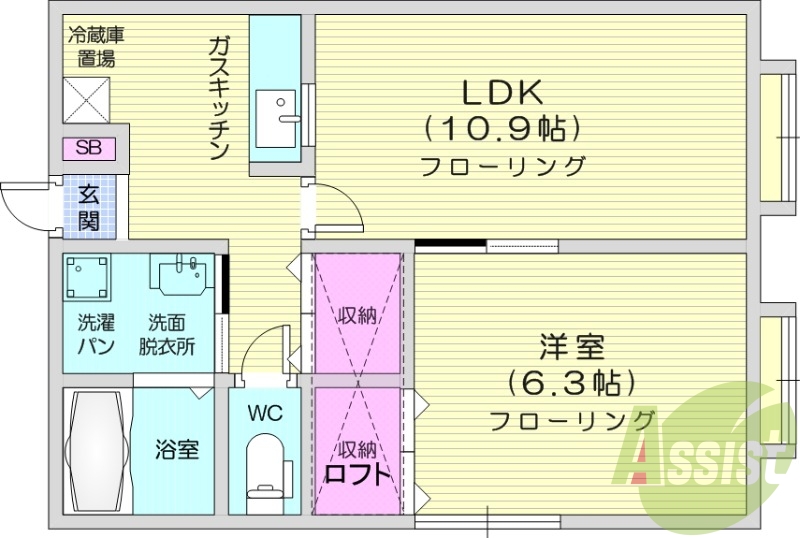 1LDK、南向き、バストイレ別、エアコン、ロフト