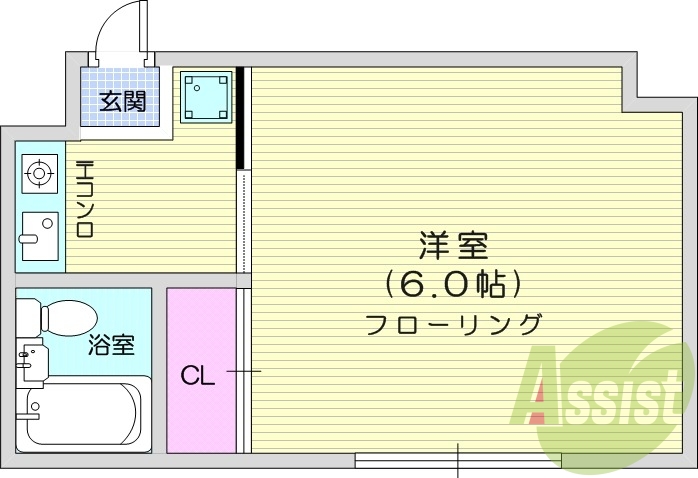 1K、エアコン、バストイレ別、クローゼット