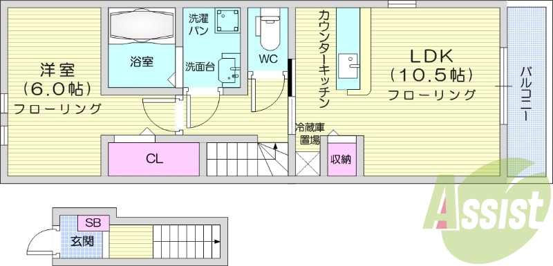 1LDK、浴室乾燥機、エアコン2台、独立洗面台