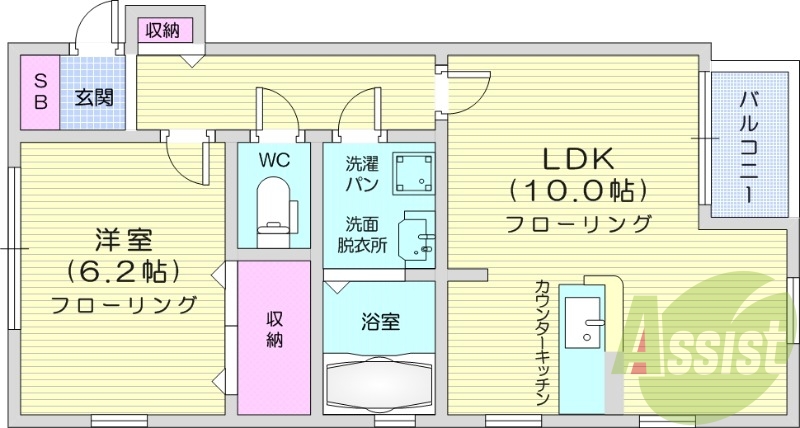 1LDK、南向き、バストイレ別、追焚機能、独立洗面台
