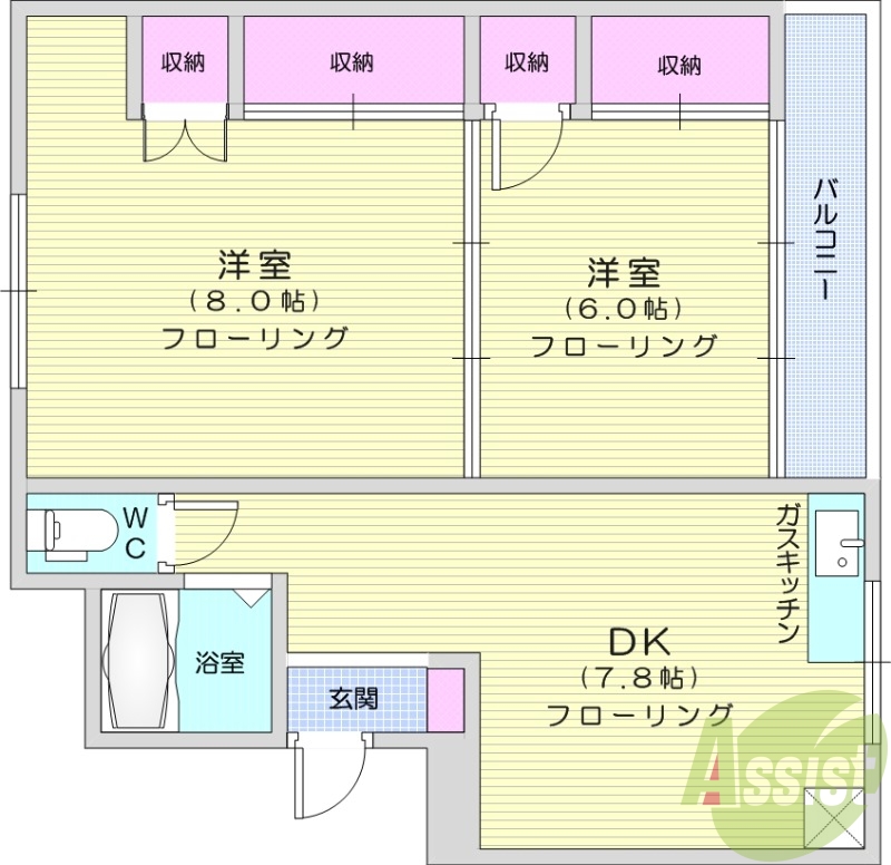全室洋室の2DKで収納が豊富なお部屋です。