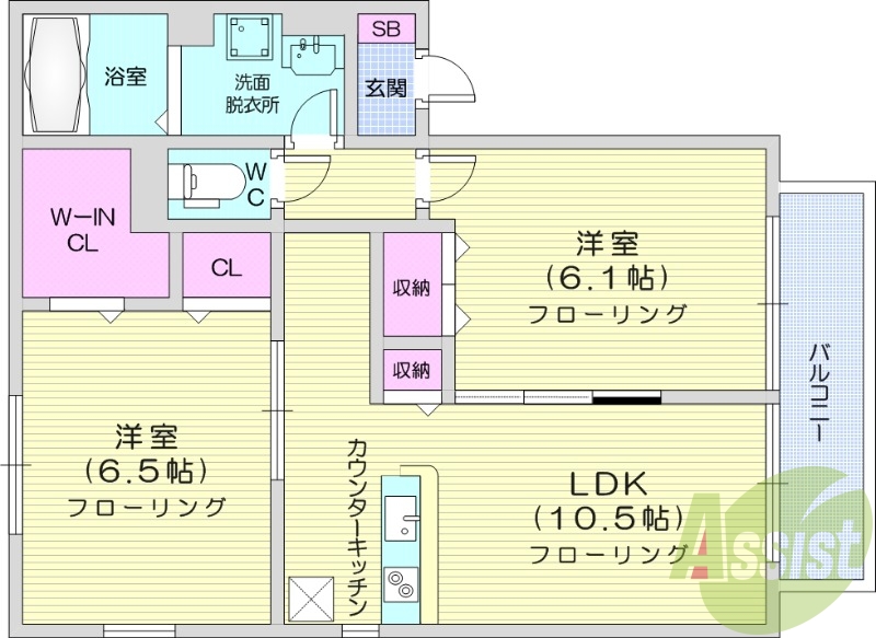 2LDK、カウンターキッチン、モニタ付インターホン
