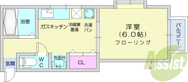1DK、南向き、バストイレ別、室内洗濯機置場