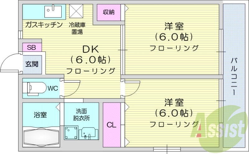 2DK、モニター付きインターホン、温水洗浄便座。