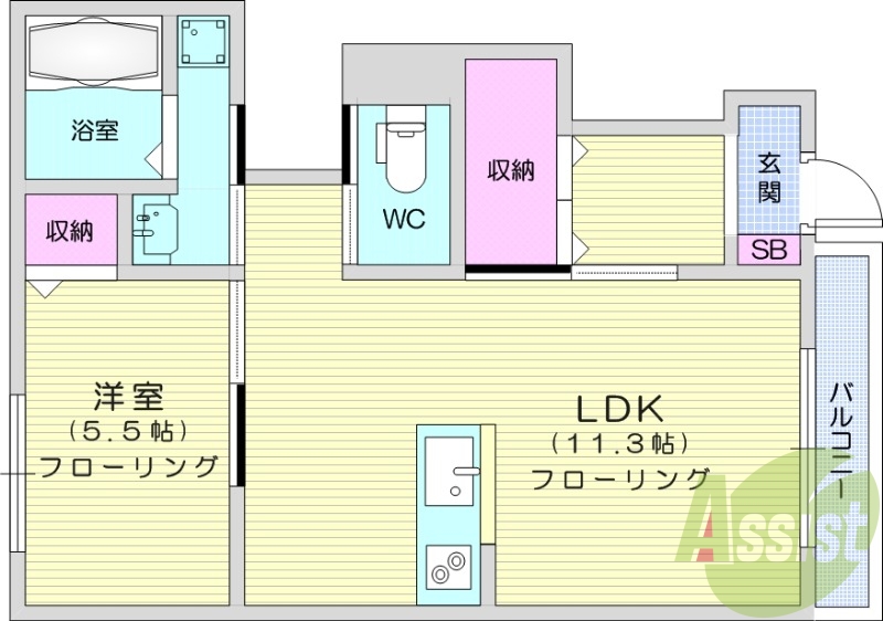 2LDK、フローリング、オール電化、南向き、独立洗面台、給湯