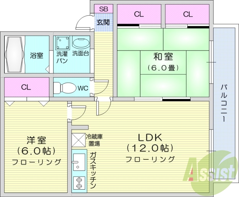 2LDK、エアコン、バストイレ別、モニター付きインターホン