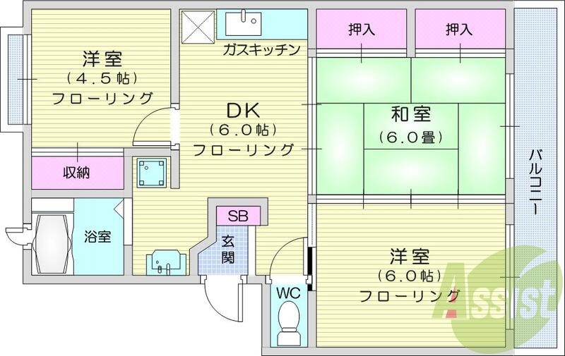 3ＤＫ、都市ガス、エアコン、バルコニー、独立洗面台