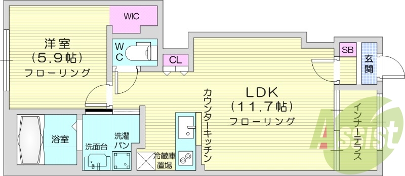 1LDK、インターネット無料、インナーテラス。