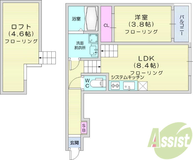 1LDK、エアコン2台、バルコニー、ネット無料、浴室乾燥機