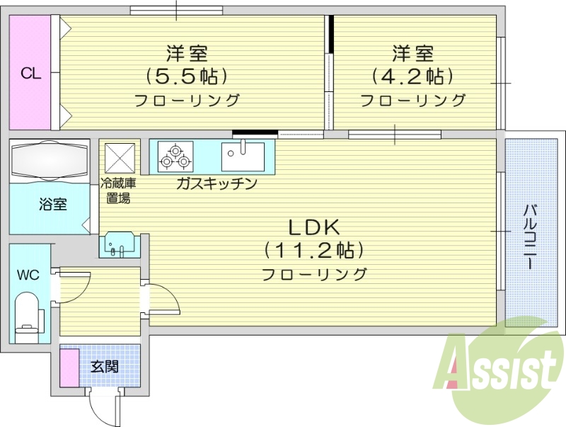 ２LDK、バルコニー、クローゼット、バストイレ別