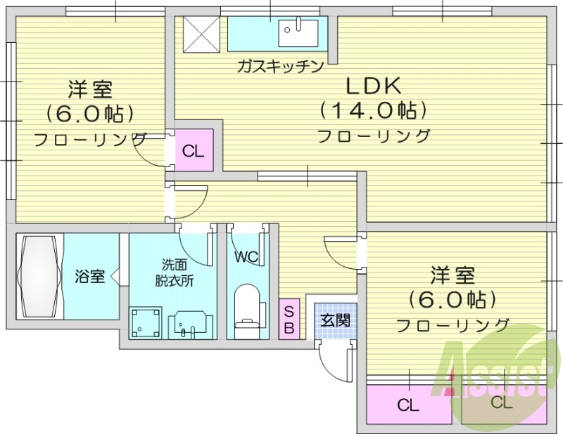 2LDK、南向き、物置、事務所利用相談可能