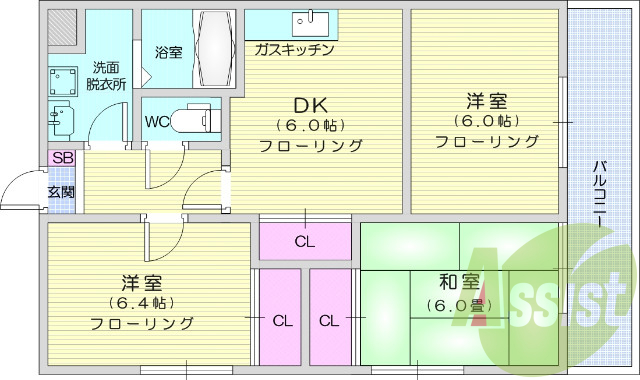 ３DK、フローリング、エアコン、バルコニー