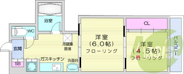 2ＤＫ、洗髪洗面化粧台、都市ガス、バストイレ別
