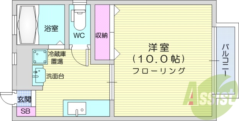 1DK、バストイレ別、陽当たり良好、追い焚き機能付きです。