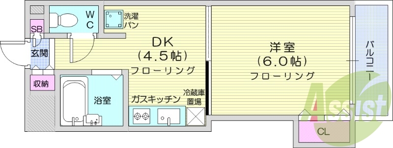 1DK、都市ガス、バストイレ別、エアコン