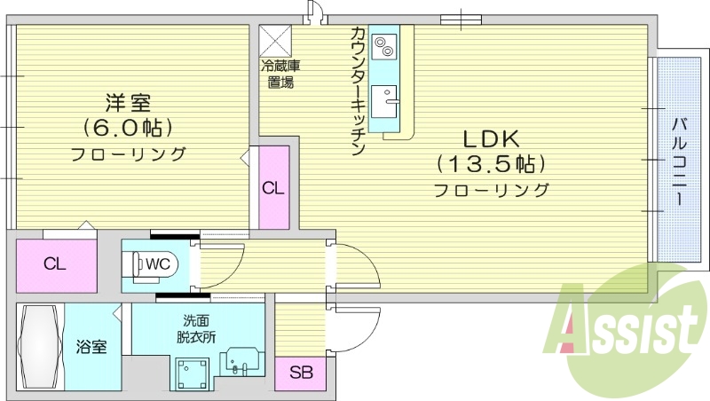 1LDK、カウンターキッチン、フローリング