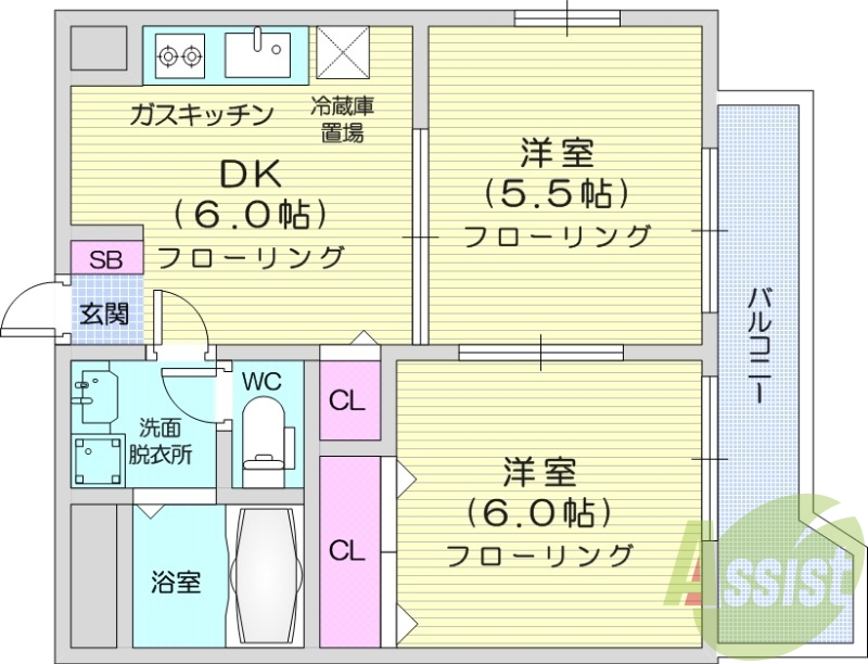 2DK、独立洗面台、シューズボックス、システムキッチン