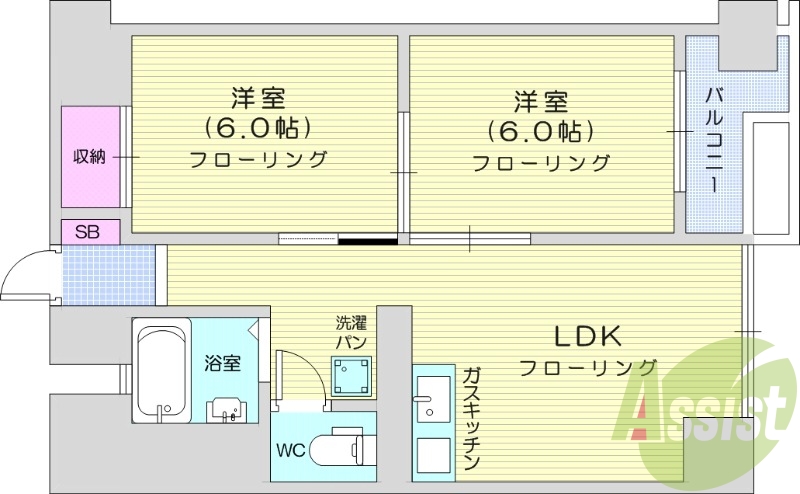2DK、都市ガス、バストイレ別、洗面台独立