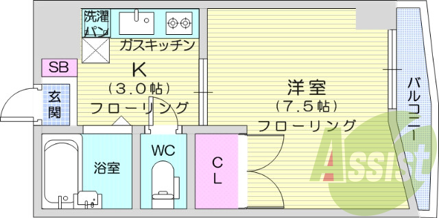 １K、南東向、バストイレ別、シューズボックス、室内洗濯機置場