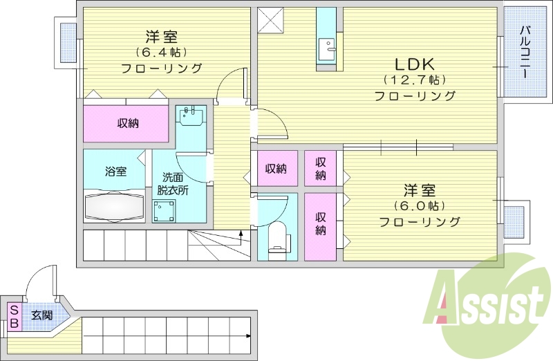 2LDK、エアコン、テレビ付きインターホン、角部屋、最上階