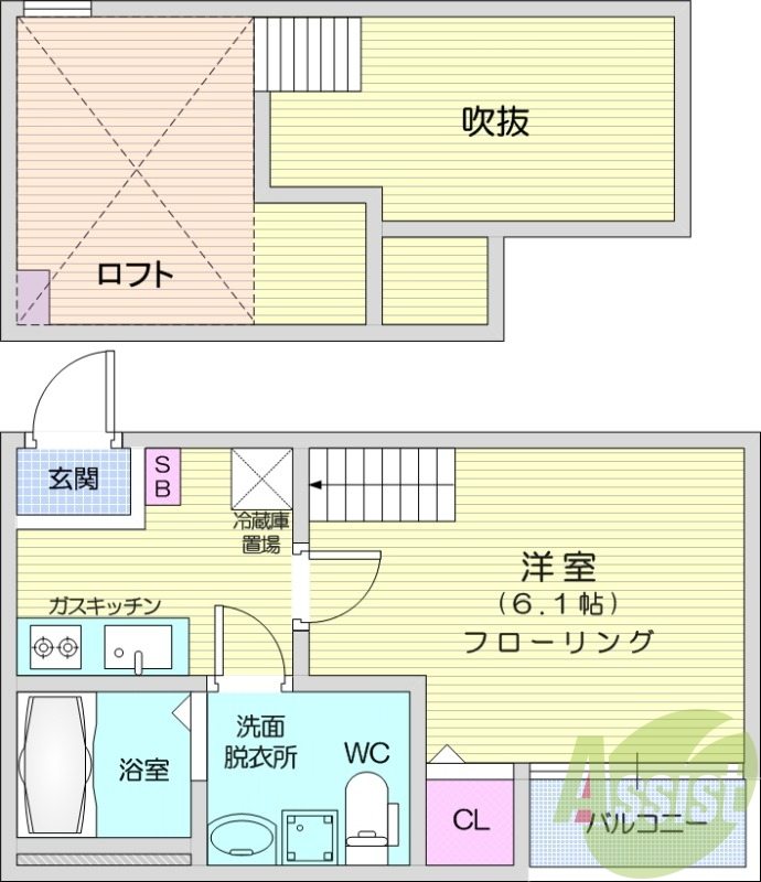 1K、ロフト付き、エアコン、フローリング、オートロック