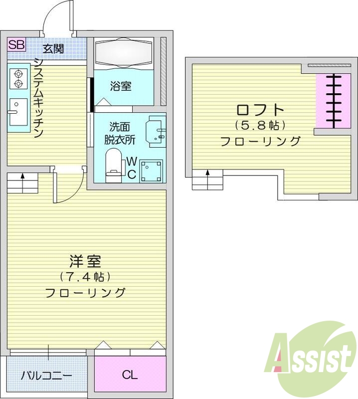 1K、ロフト付き、エアコン、シャンドレ、追い焚き、室内物干し