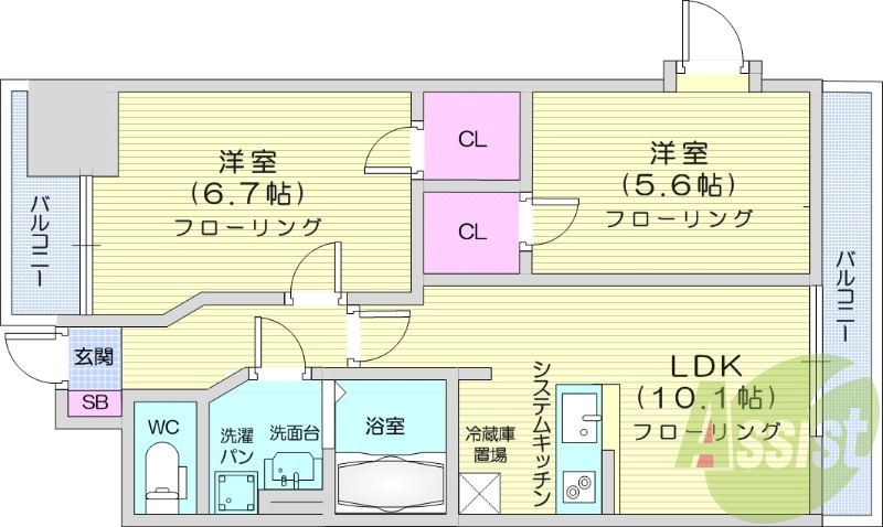 2LDK、オートロック、ウォークインクローゼット、防犯カメラ