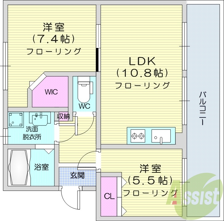 2LDK、追い焚き機能、温水洗浄便座、独立洗面台、エアコン付