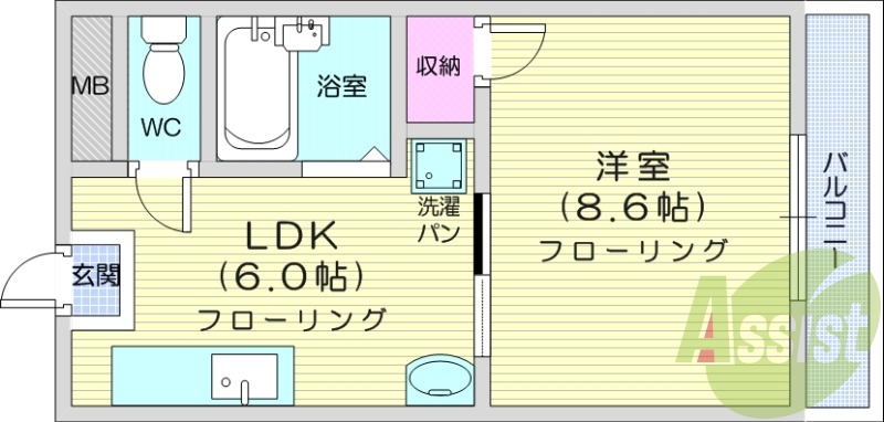 1DK、エアコン、洗面化粧台、室内洗濯機置場。