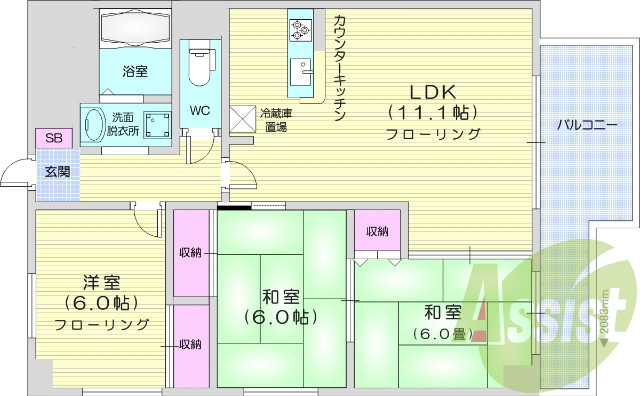 3LDK、角部屋、カウンターキッチン、オートロック