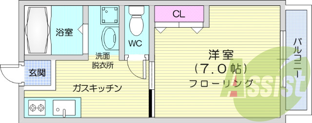 1DK、B/T別、洗面台、クローゼット室内洗濯機置き場。