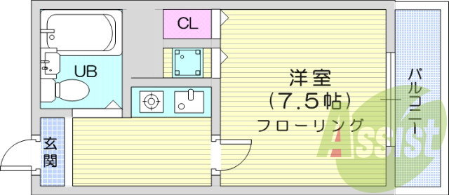 1K、東向き、バス・トイレ別、エアコン、バルコニ、ガスコンロ