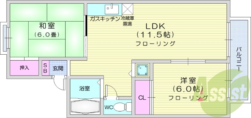 2LDK、バス・トイレ別、TV付きインターホン