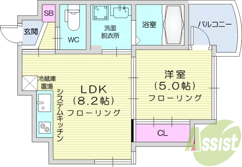 1LDK、システムキッチン、浴室乾燥、エアコン。