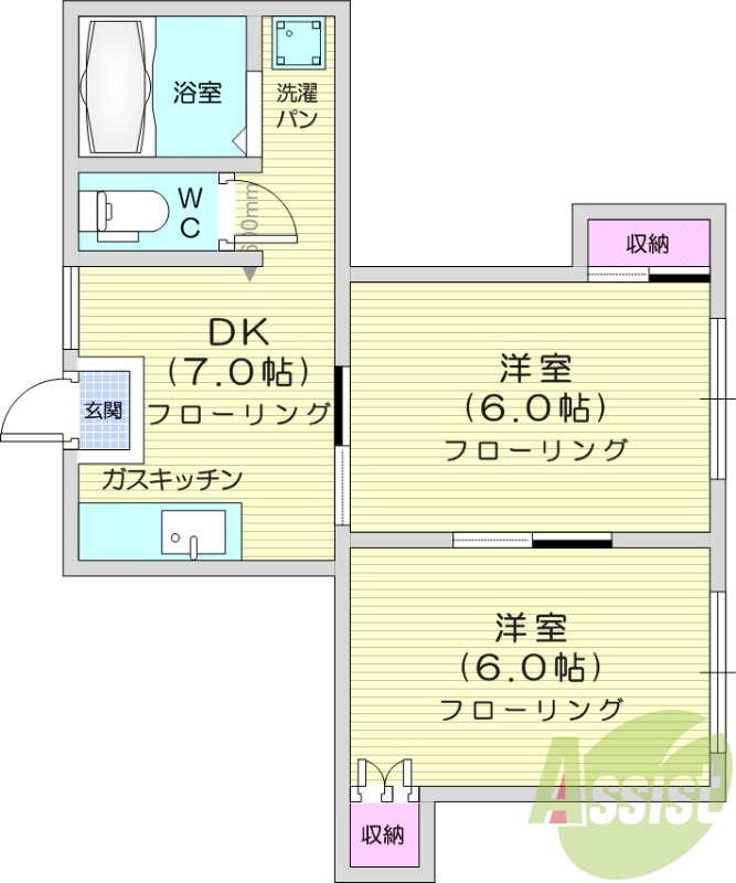 2DK、バストイレ別、都市ガス、ペット相談可、女性のみ