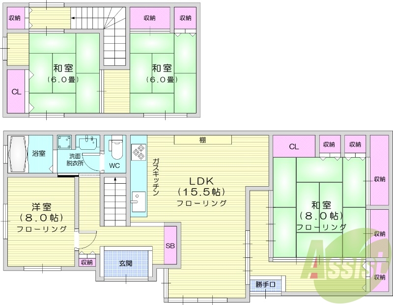 4LDK、都市ガス、戸建て、無料駐車場、楽器相談可