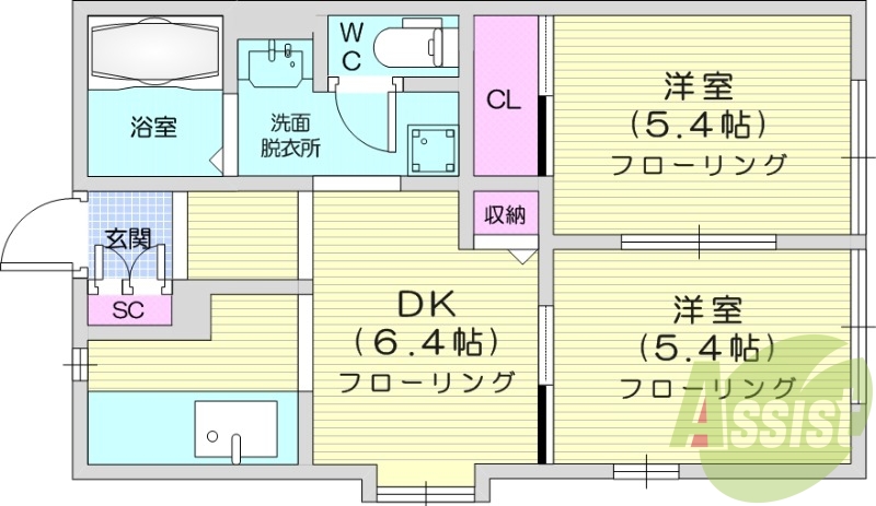２DK、バストイレ別、浴室乾燥付き、追い焚き機能付き