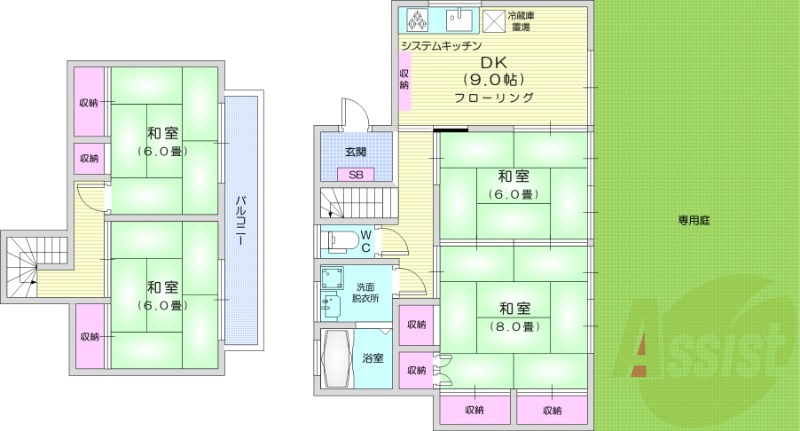 4DK、戸建て、専用庭、システムキッチン。