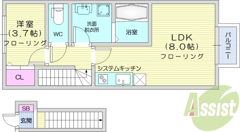 1LDK、バルコニー、浴室乾燥機、追い焚き給湯、IHコンロ