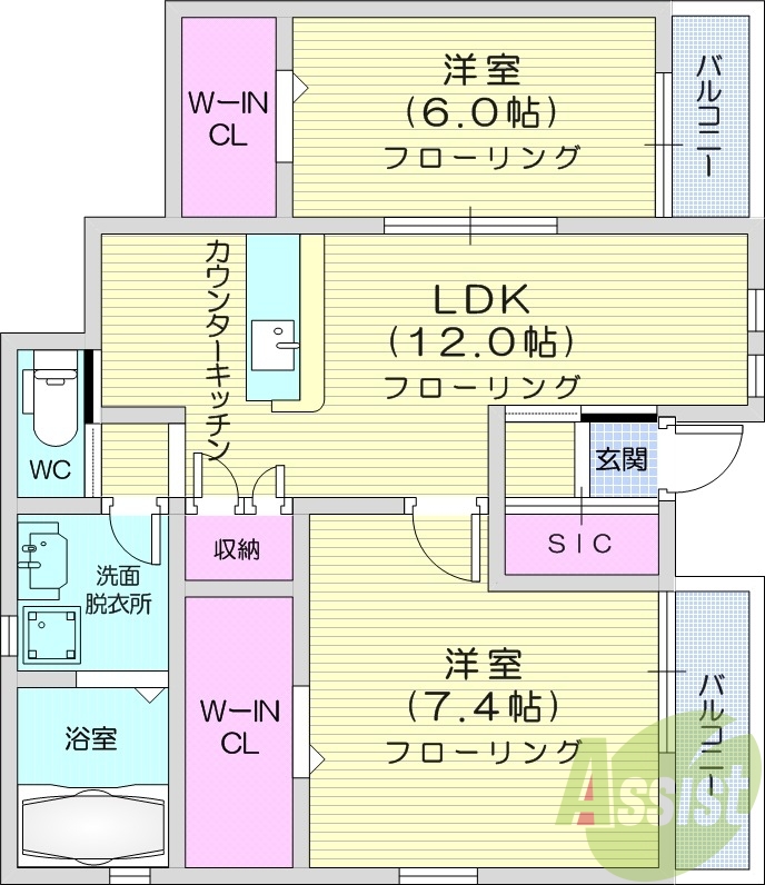 2LDK、ウォークインクローゼット、インターネット無料。
