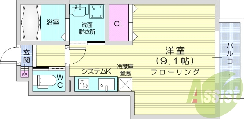 ワンルーム、フローリング、追い焚き機能付給湯器